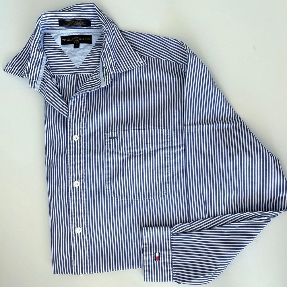 Tommy Hilfiger Navy White Striped Shirt preppy coastal collegiate equestrian y2k